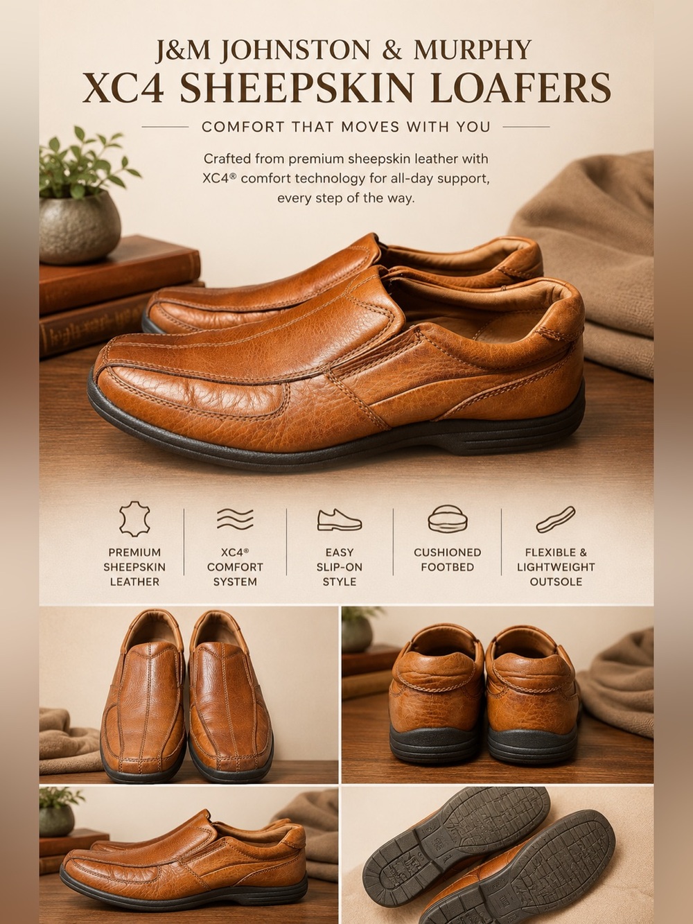 J&M Johnston & Murphy XC4 Sheepskin Leather Slip On Loafers 10M Brown Comfort